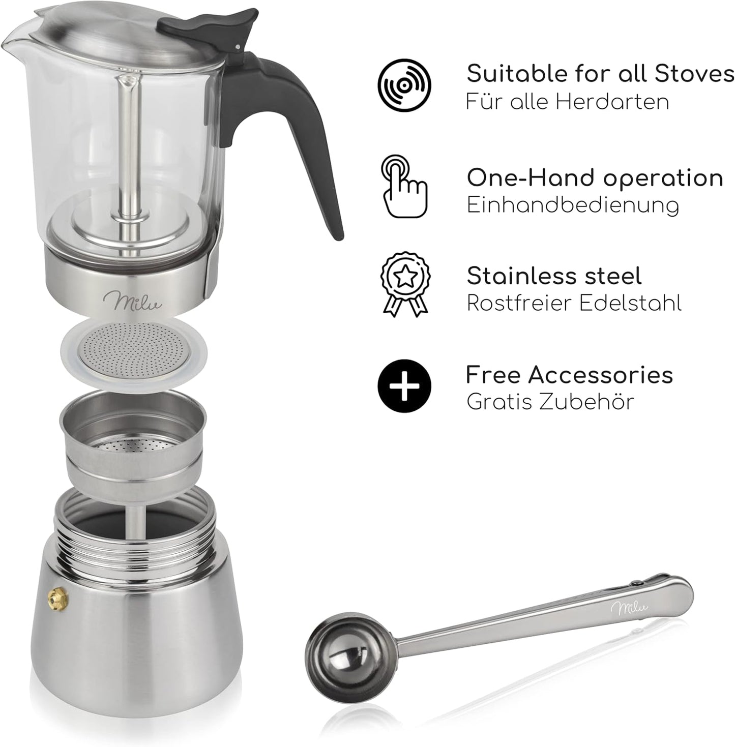 Espressokocher Induktion für 4 Tassen, Glas 4 Tassen (200ml)