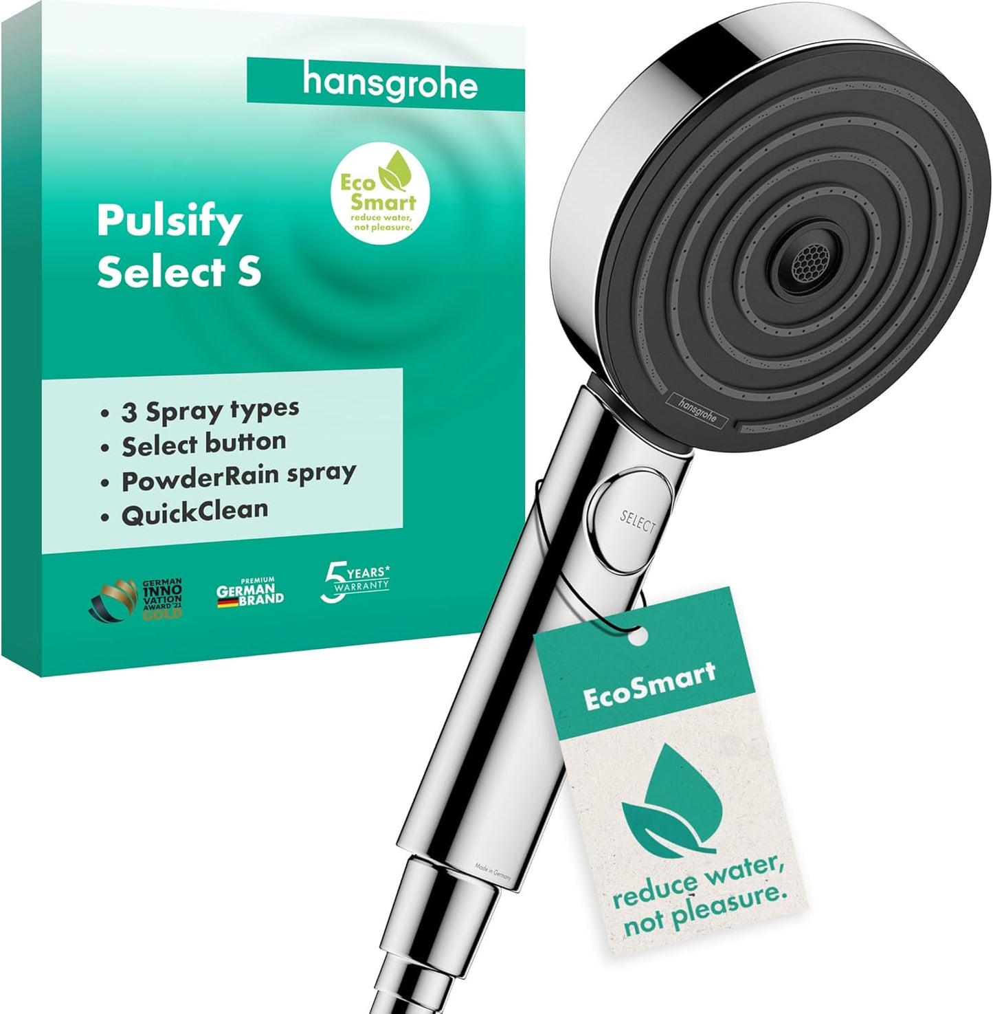 Pulsify Select S - Duschkopf mit Antikalk-Funktion, Chrom 3 wassersparende Strahlarten mit PowderRain und MonoRain-Strahl