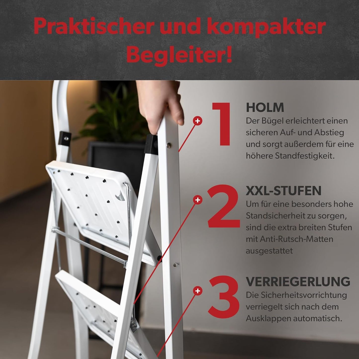 Klapptritt mit 2 Stufen und Anti-Rutschmatten, Weiss, 2-stufig