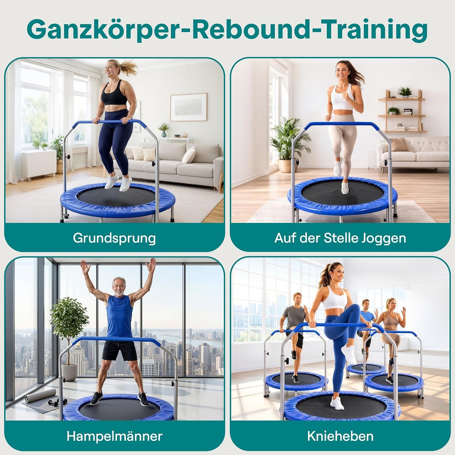 Fitness Trampolin Indoor, faltbar mit Griff, Tiefblau - 102 cm