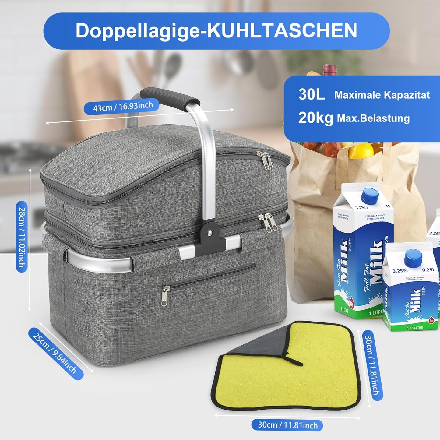 Faltbarer Einkaufskorb mit Kühlfunktion, Grau