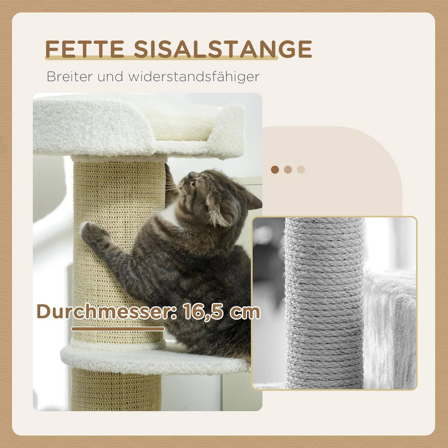 Mehrstöckiger Katzenturm mit Sisalstämmen und Kissen, Cremeweiss