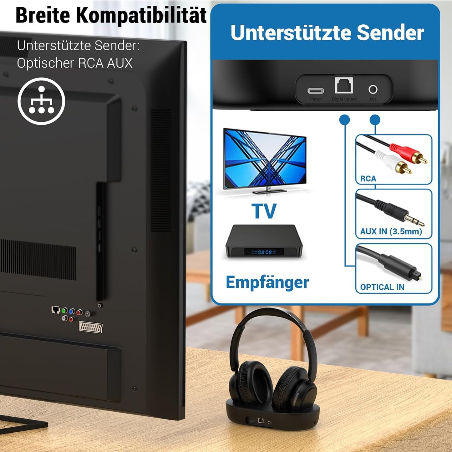 Kabellose TV-Kopfhörer mit Sender-Ladestation, Reines Schwarz