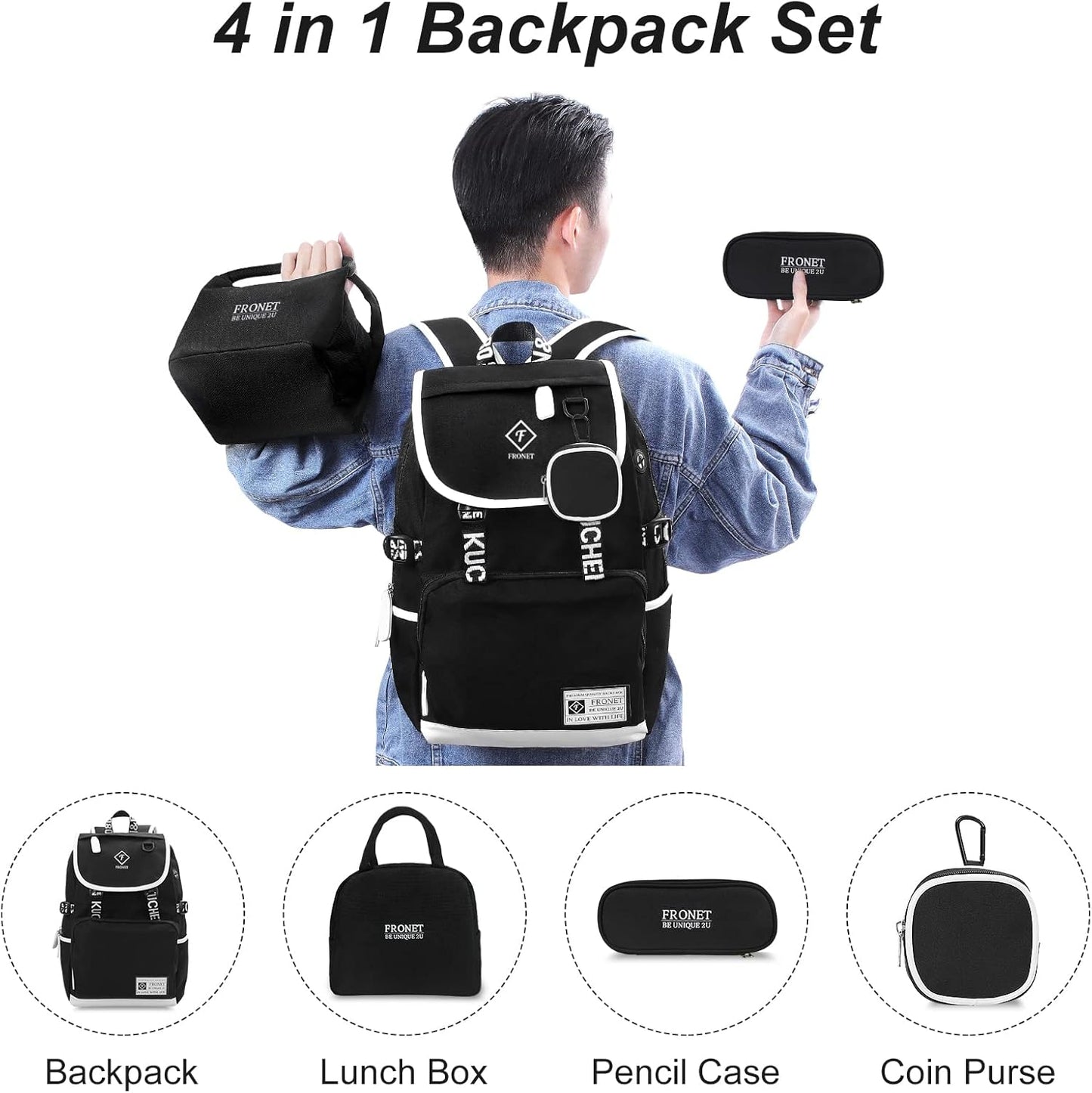 4-teiliges Schulrucksack Set, Schwarz