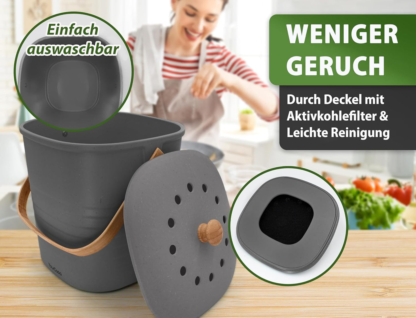 Biomülleimer mit Aktivkohlefilter, 4L Anthrazit