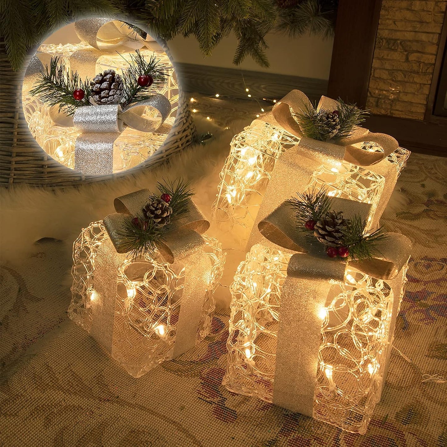 3er-Set LED-Weihnachtsgeschenkboxen, Weiss Acryl