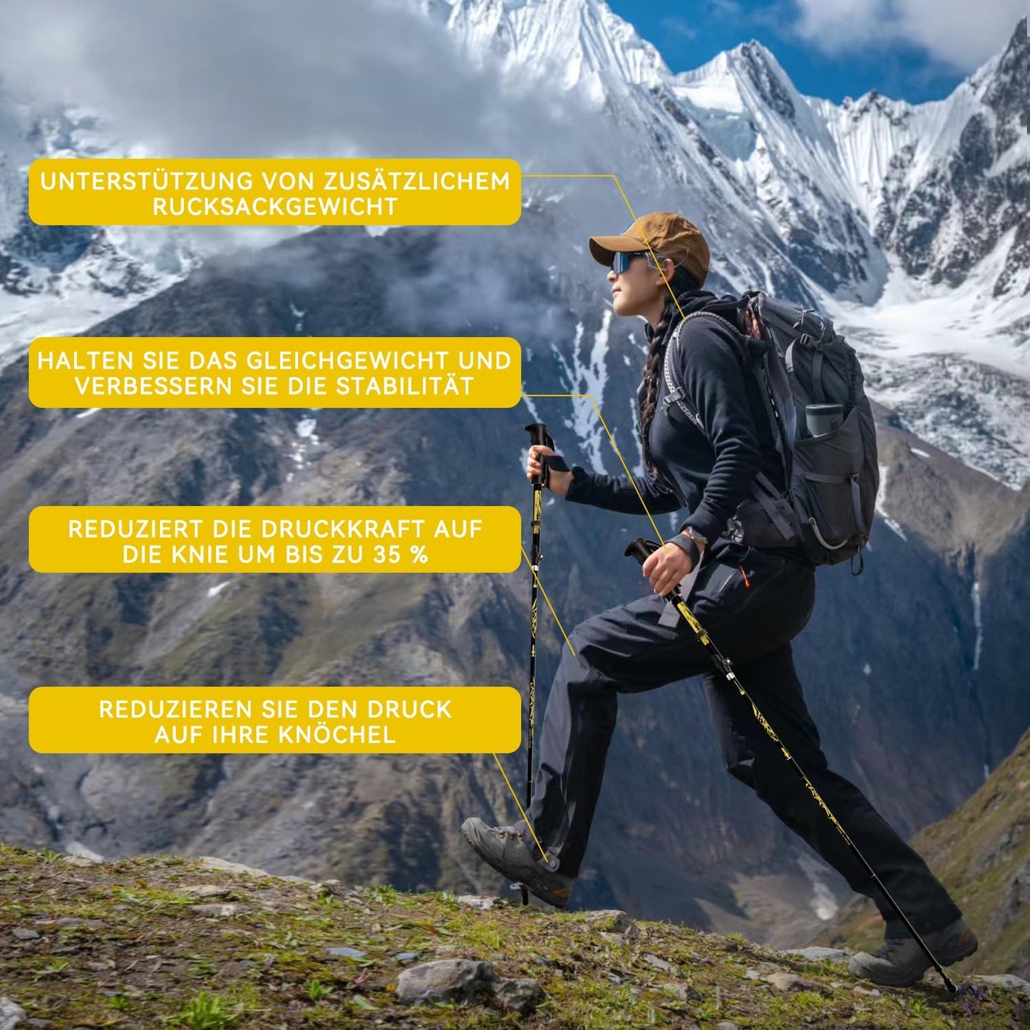 Faltbare Trekkingstöcke, Schwarz Premium