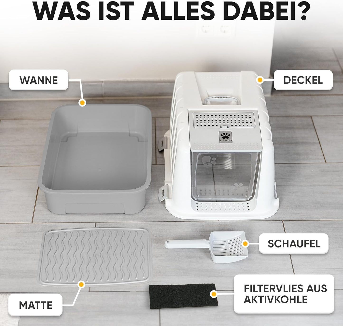 Geschlossene Katzentoilette mit Aktivkohlefilter, geschlossen weiss