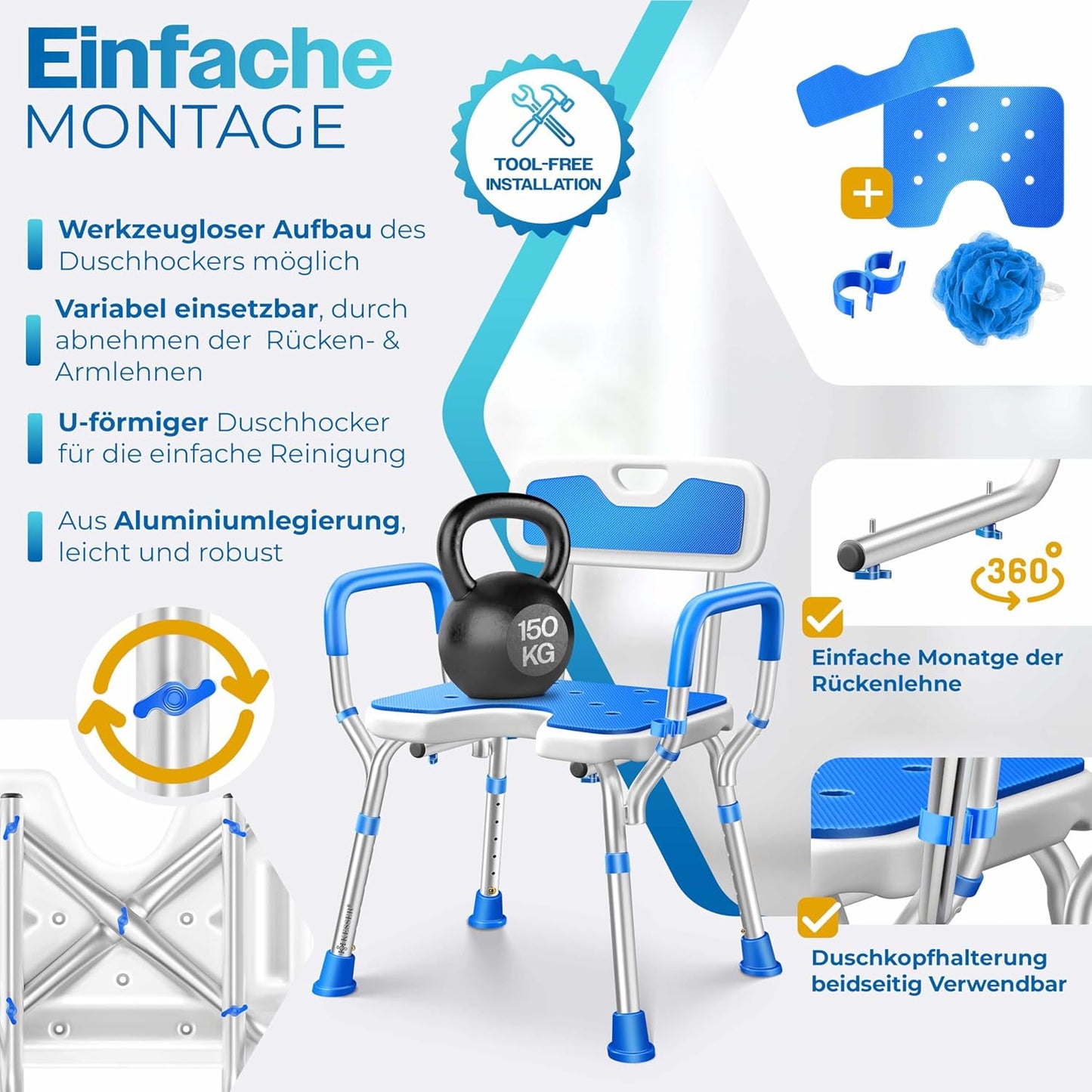 Höhenverstellbarer Duschhocker mit Lehne, Weiss / Blau
