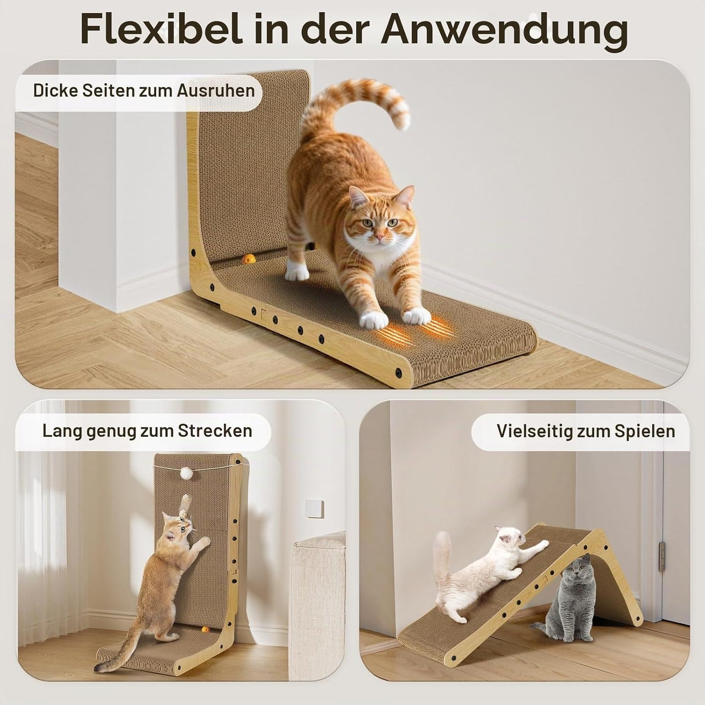 L-förmiges Katzenkratzbrett mit Ball und Glocke, Holz + Glocke 68cm