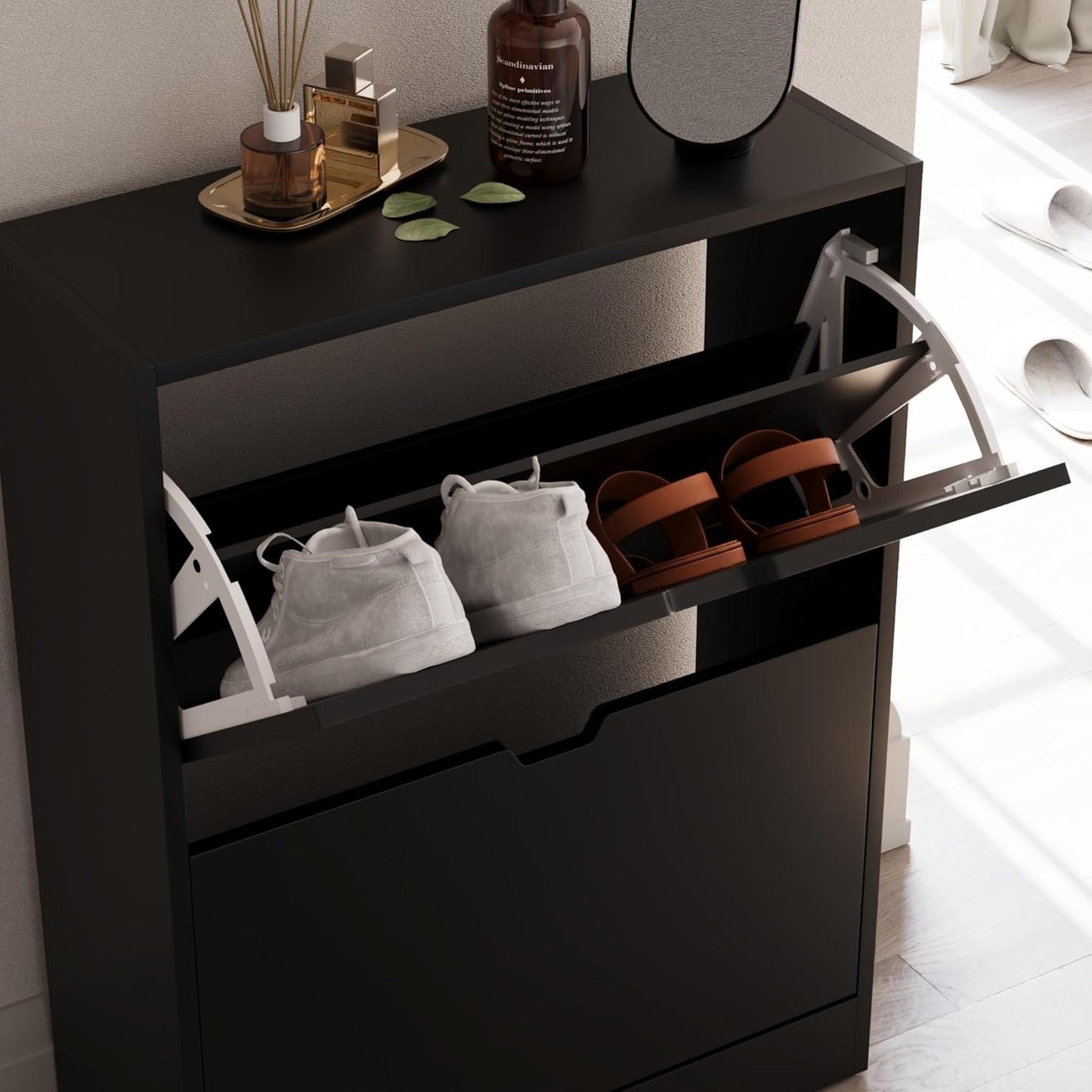 Schuhschrank mit 2 Klappschubladen, Schwarz
