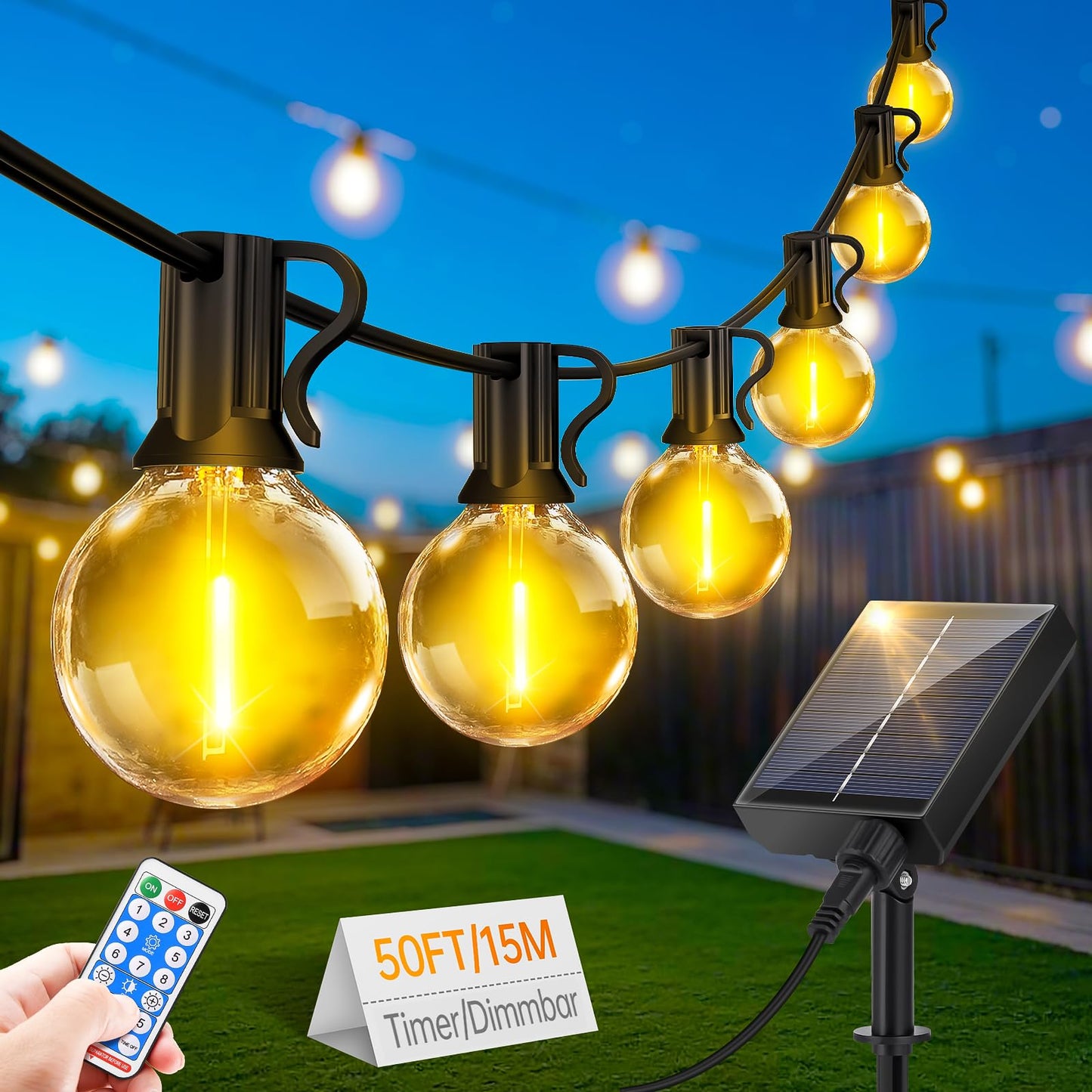 Solar Lichterkette mit Fernbedienung und G40 Glühbirnen, 15M Solar