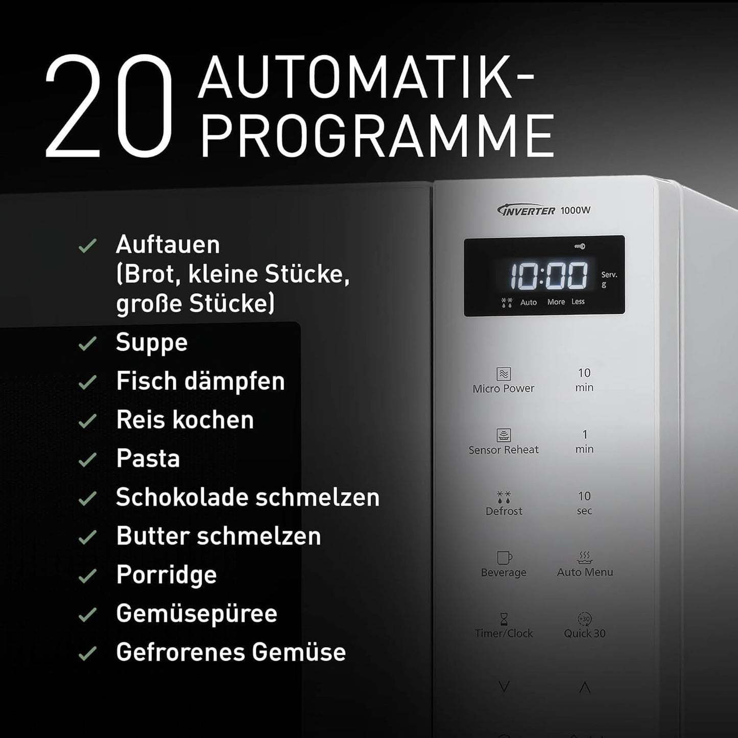 Inverter Solo Mikrowelle 32L mit Automatikprogrammen, Weiss
