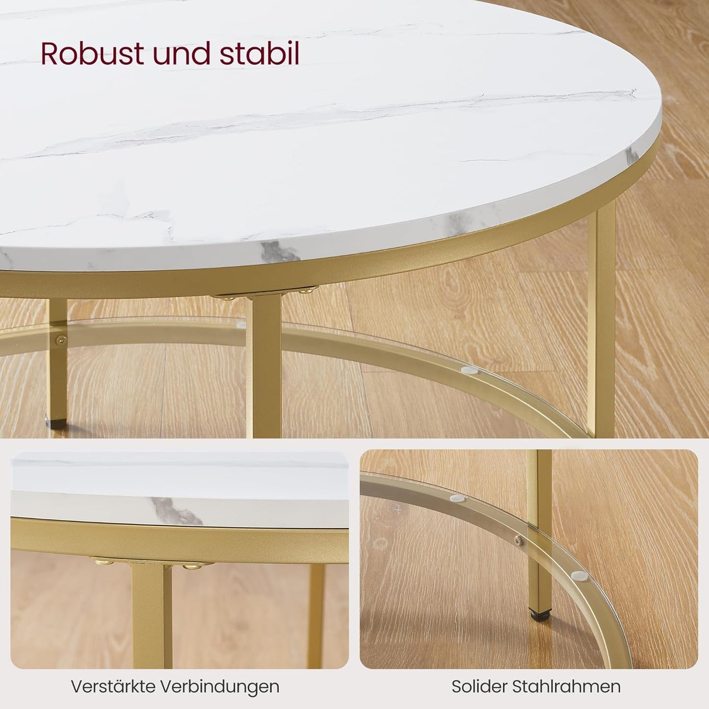Moderner Couchtisch mit Glasplatte und Stauraum, Marmorweiss + Helles Gold 80d cm