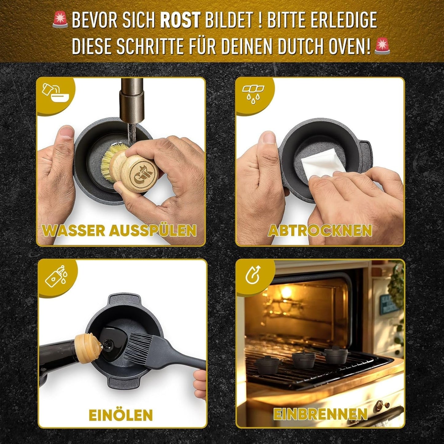 4-teiliges mini Brotbacktopf Set mit Rezeptbuch und Pflegepaste, Schwarz 4x 300 ml