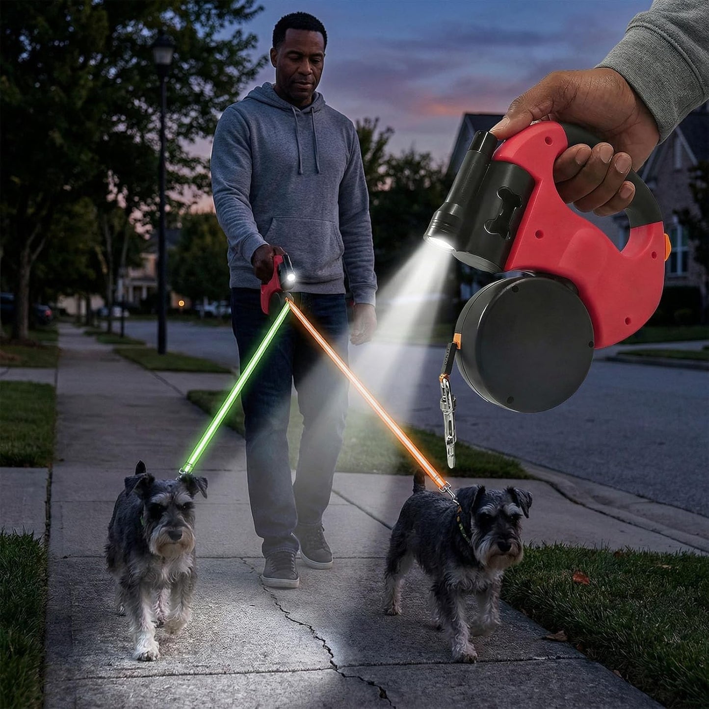 Einziehbare Doppelleine mit LED für 2 Hunde, 3m, Rot
