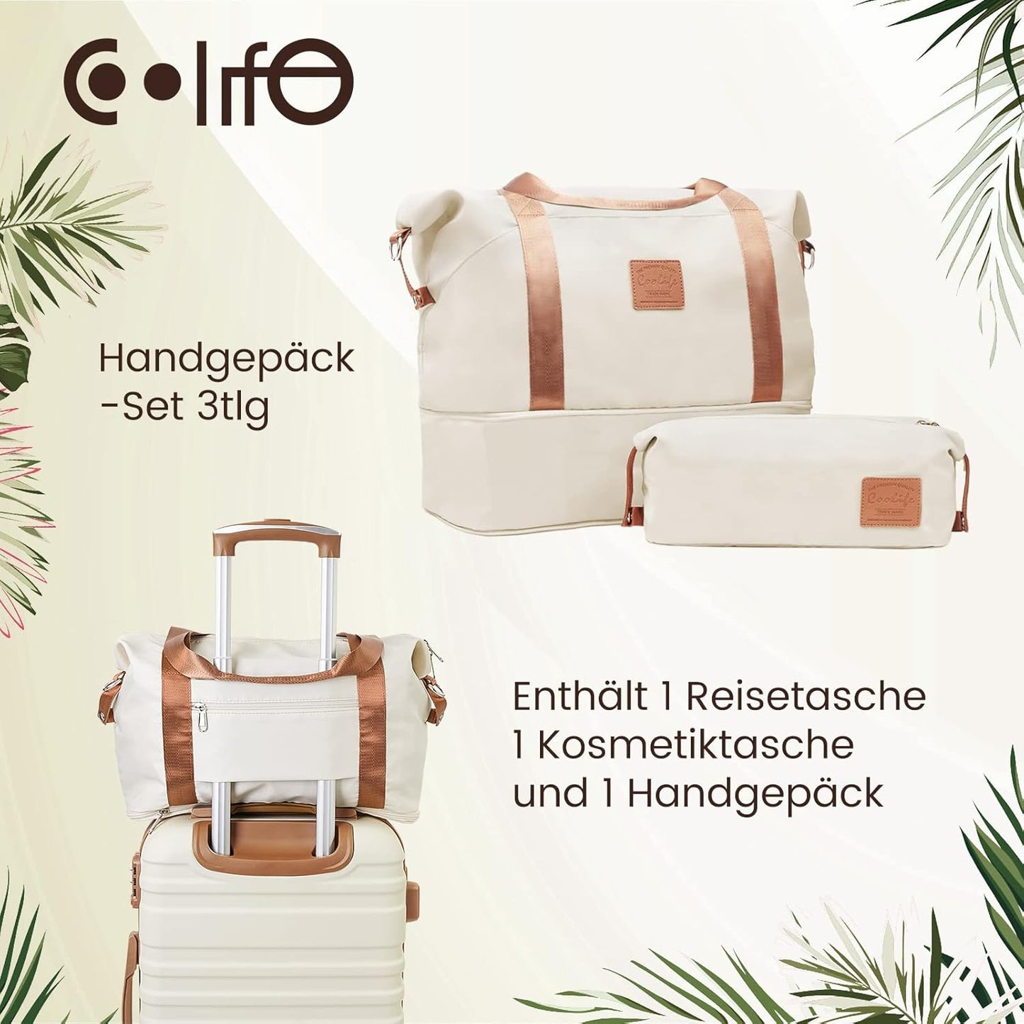 3-teiliges Handgepäck-Set mit Reisetasche und Kulturbeutel, Weiss/Braun / Handgepäck-Set 3tlg