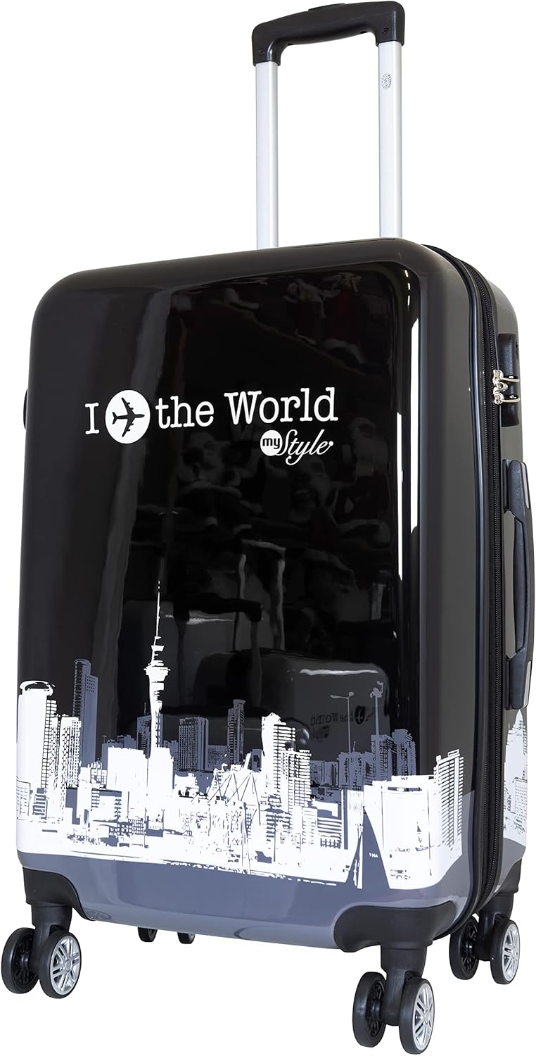 3-teiliges Hartschalen-Kofferset mit Städte-Motiv, Kofferset 3-teilig Fly The World Schwarz