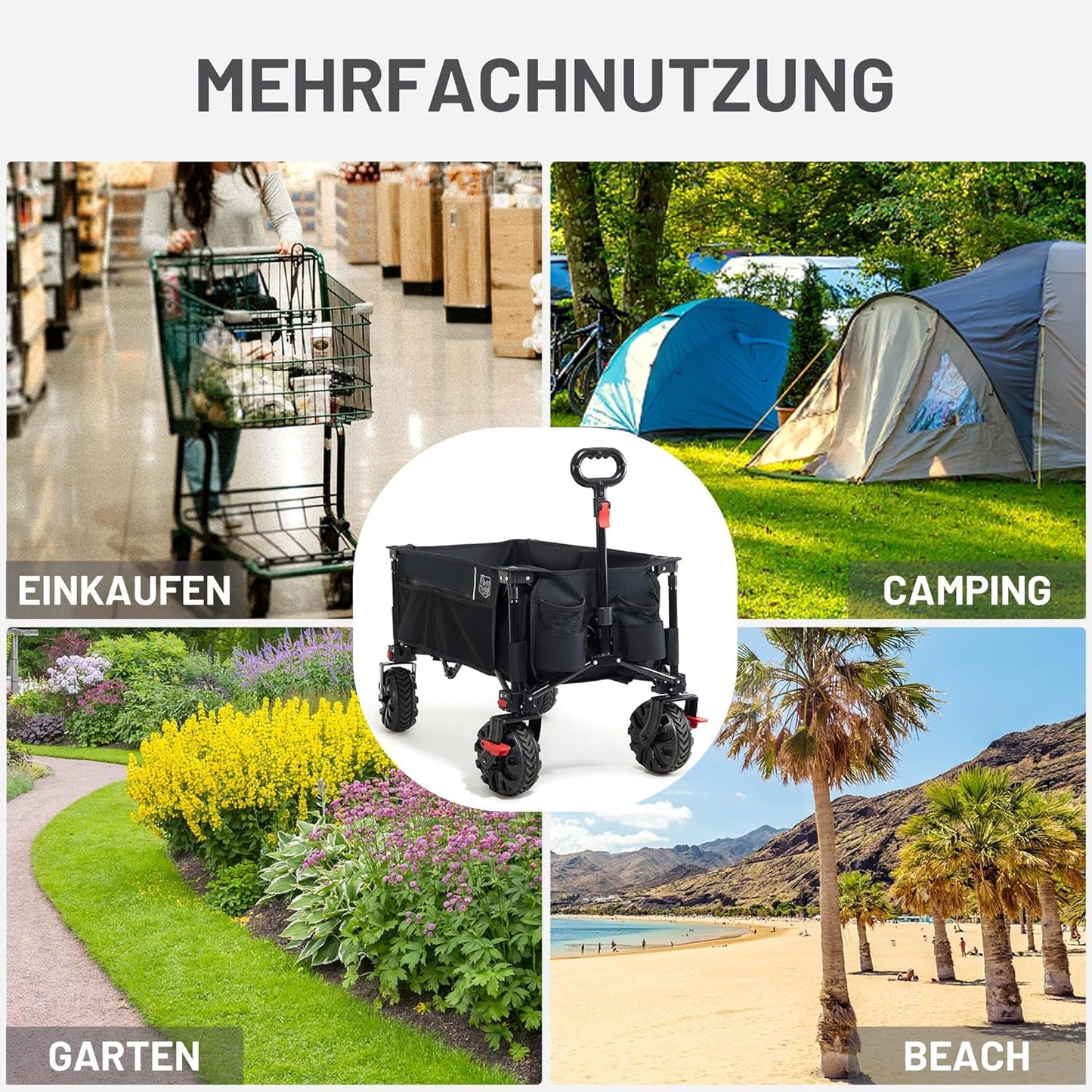 Faltbarer Bollerwagen mit Bremsen, Grosse Räder mit Bremse Schwarz