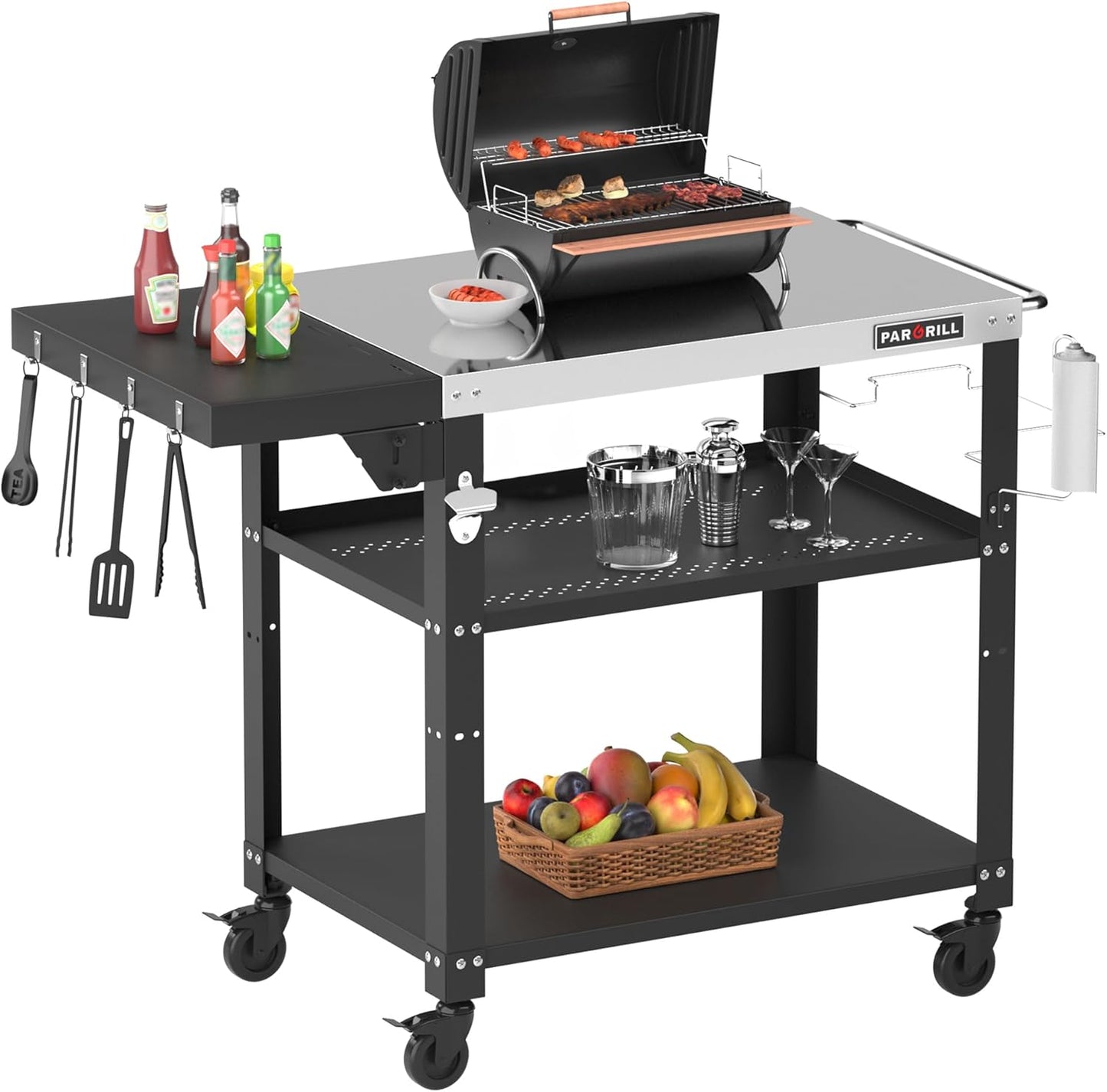 Grillwagen mit klappbarem Beistelltisch und Rollen