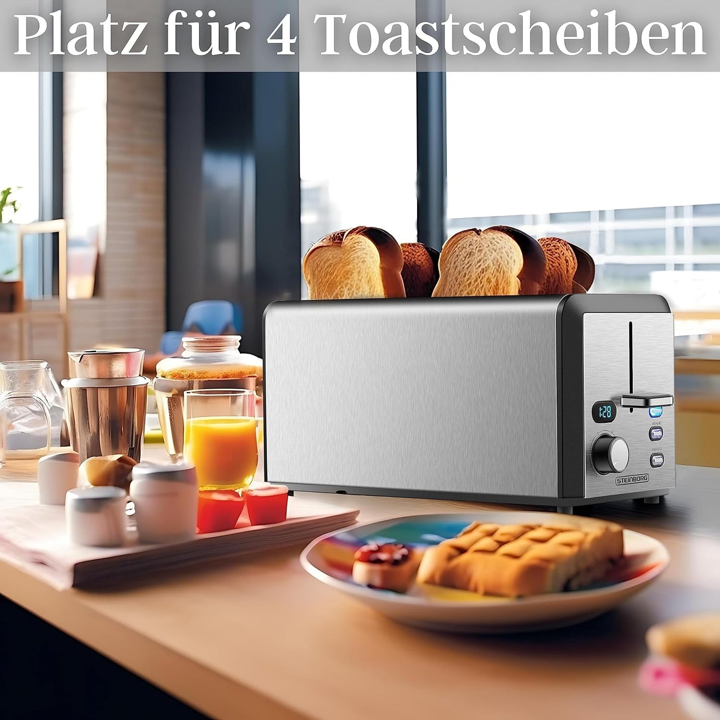 Langschlitz-Toaster für 4 Scheiben mit LED-Display