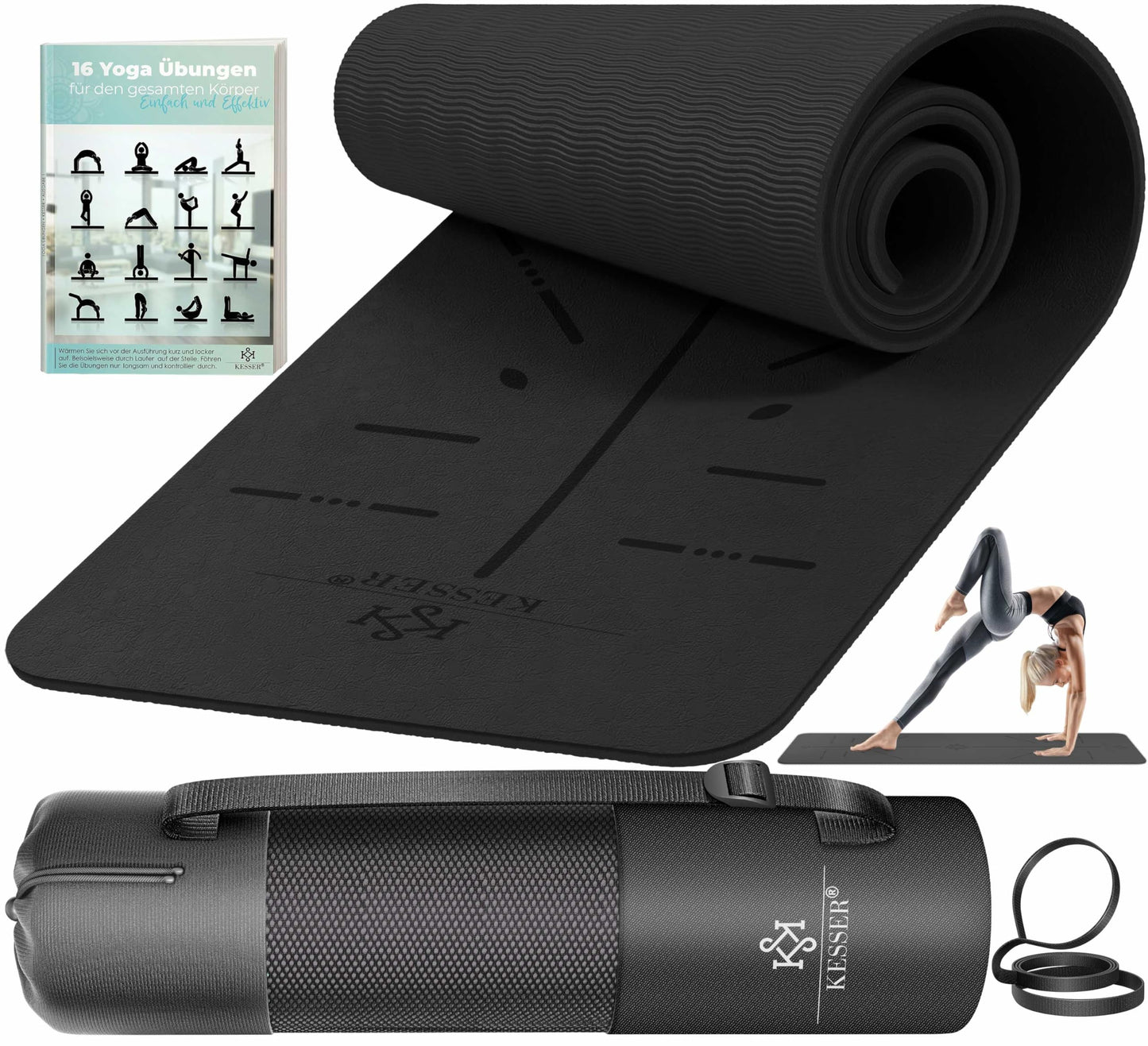 Gymnastikmatte + Tragegurt rutschfest TPE Yogamatte gepolstert, Schwarz / Schwarz