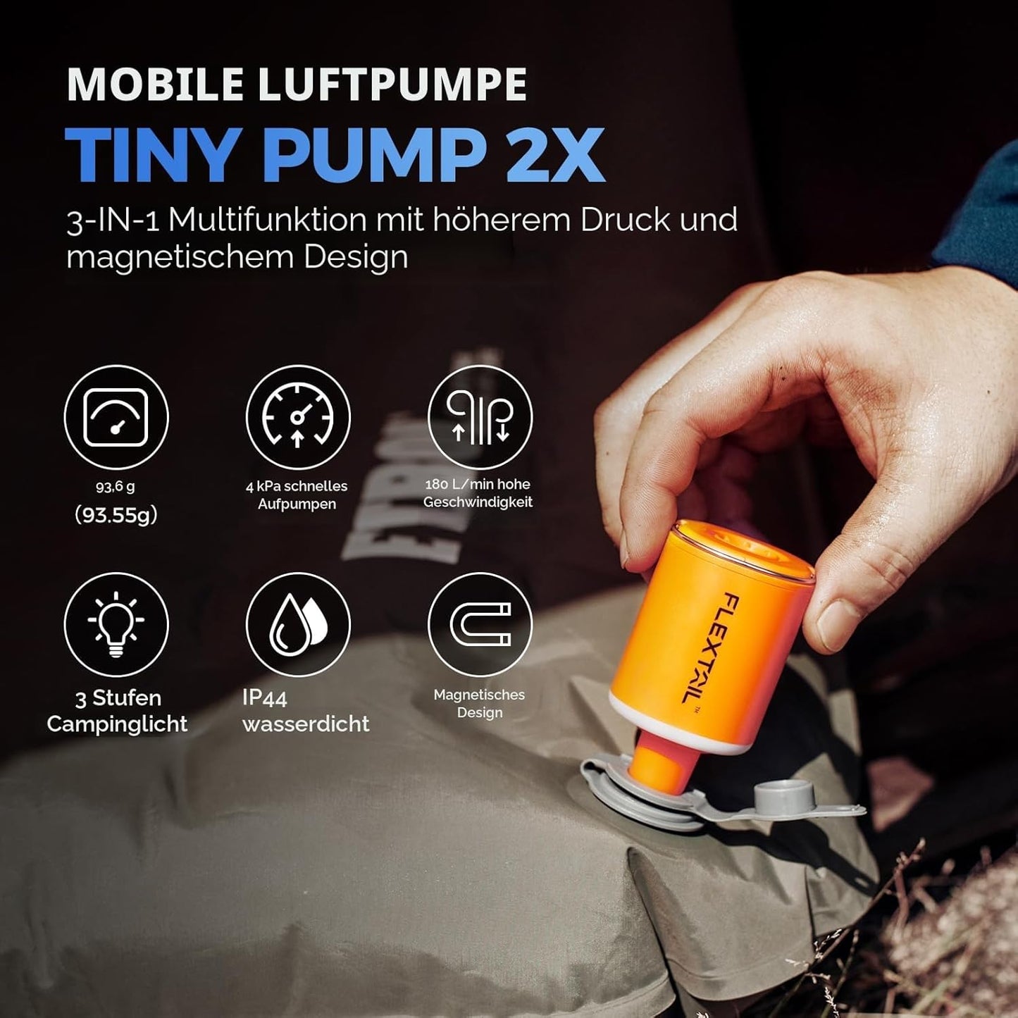 Elektrische Luftpumpe Tiny Pump 2X, Orange mit Licht