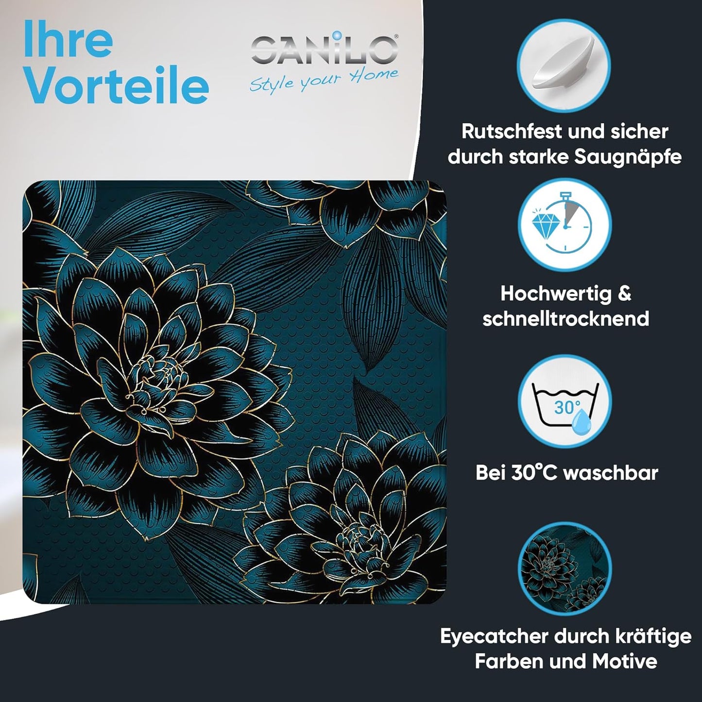 Rutschfeste Badematte für Dusche & Badewanne, Dahlien