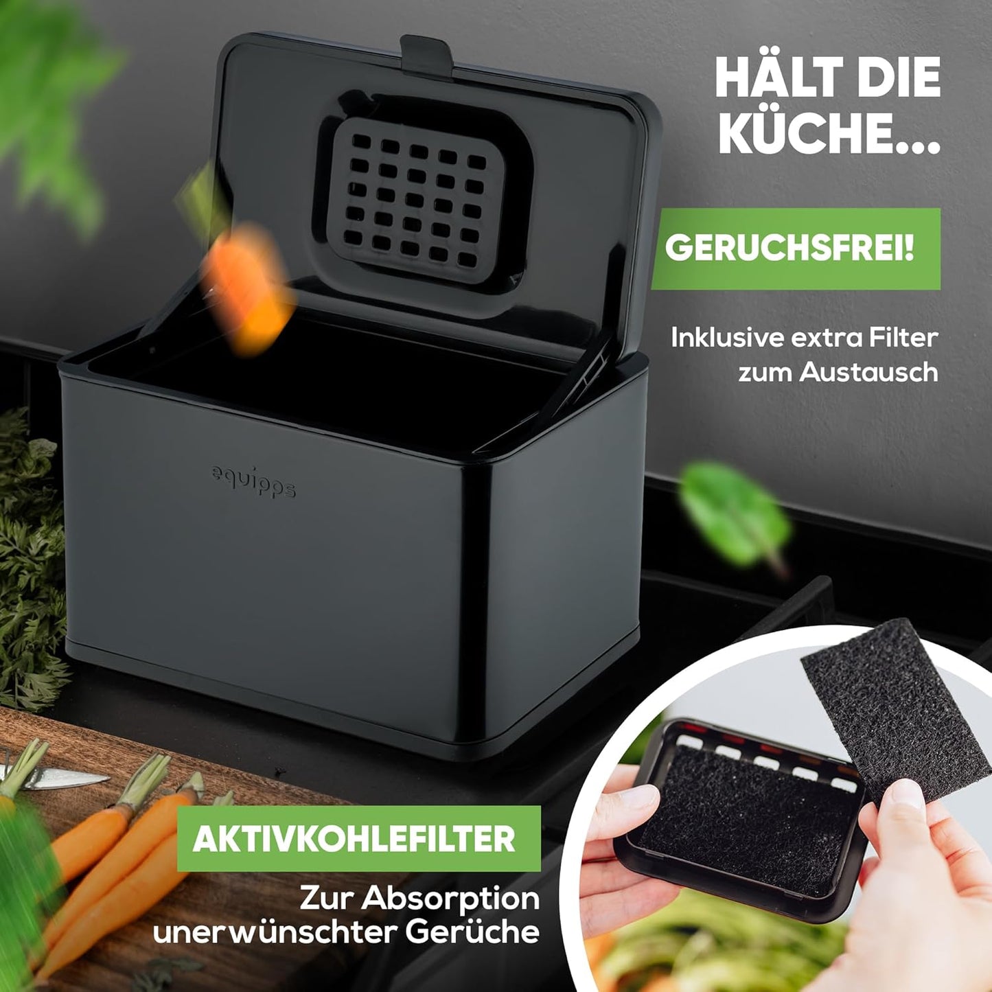 Komposteimer mit Geruchsfilter, Schwarz 3l