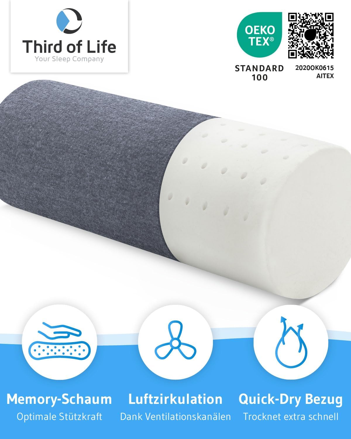 Ergonomische Nackenrolle UniROLL, Quickdry - Anthrazit 40 x 15 cm