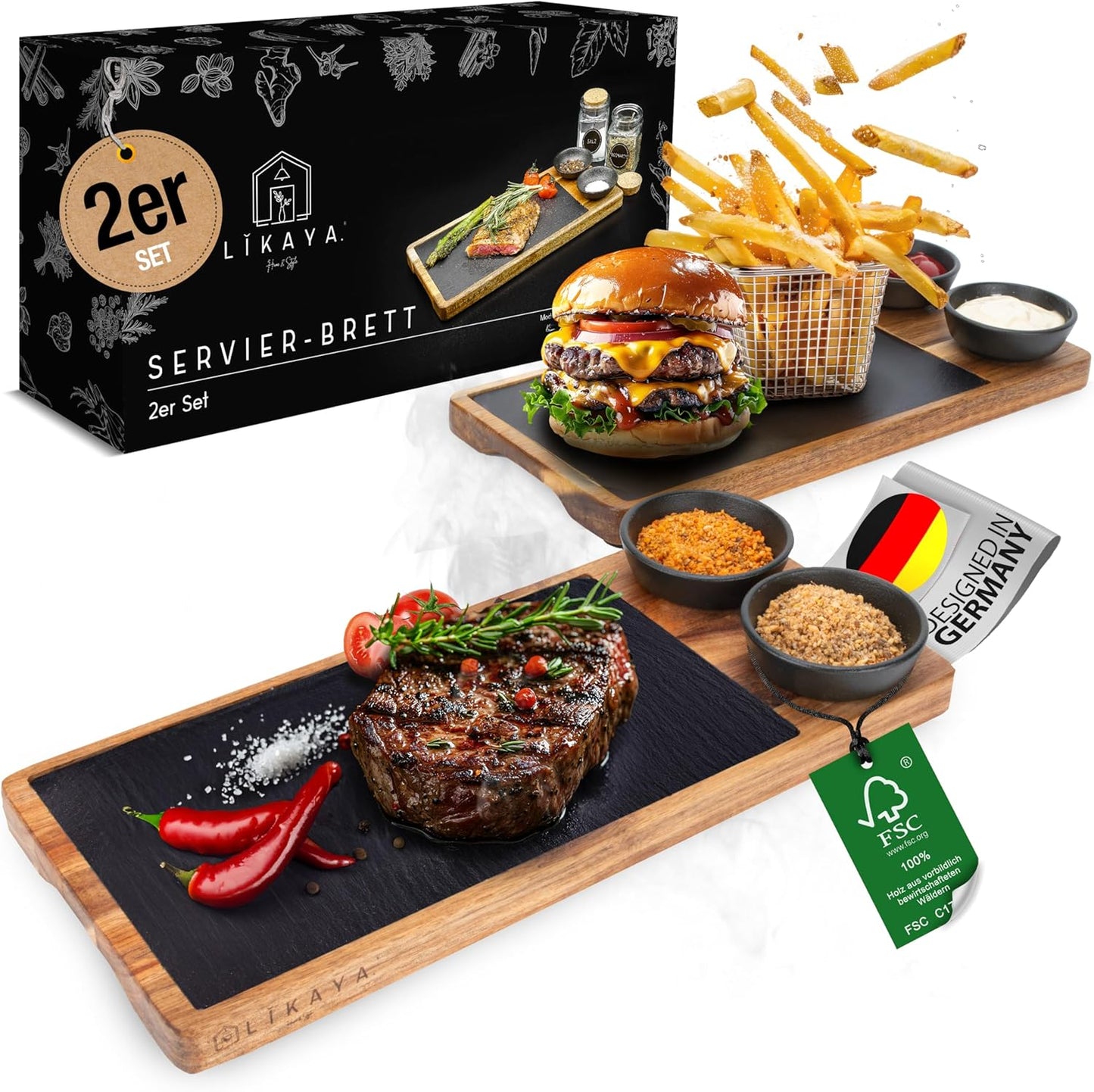 2er-Set Steak- & Servierbrett mit Schieferplatte, Luis