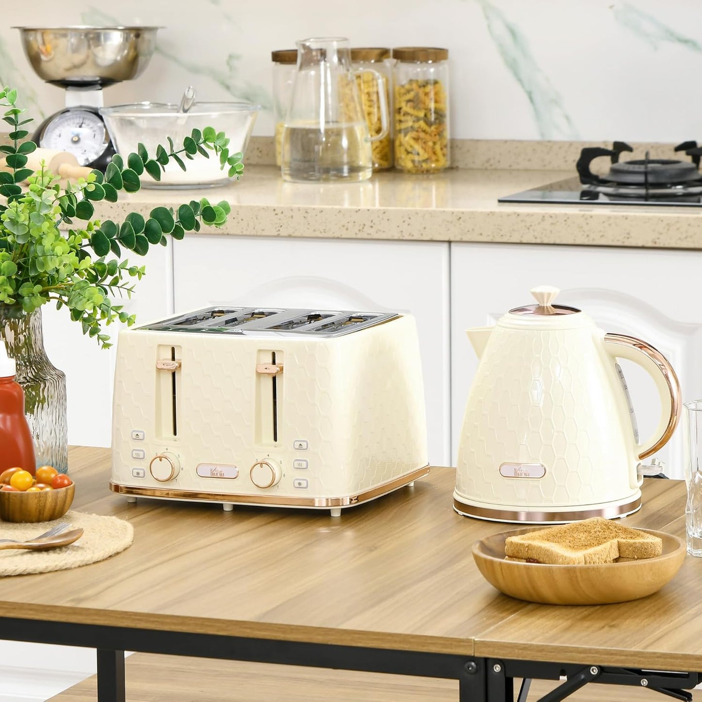 Frühstücksset 1,7L Wasserkocher & Toaster (4 Scheiben), Beige