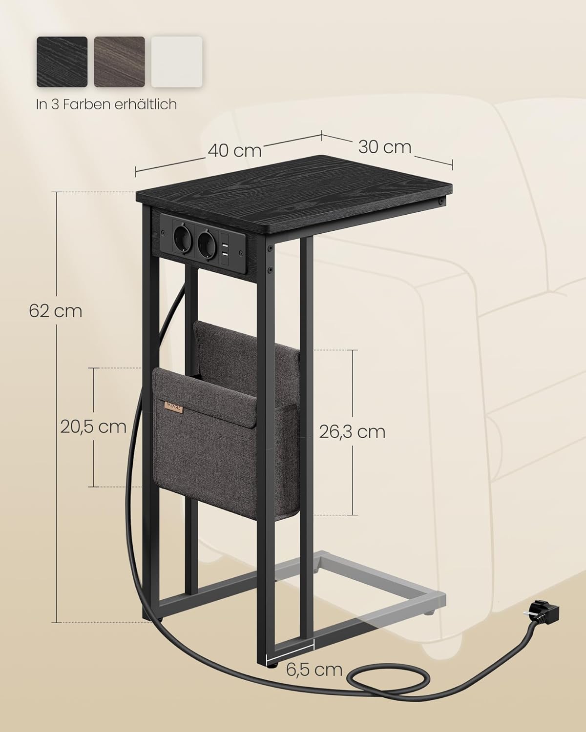 Beistelltisch mit Ladestation und USB-Anschlüssen, Ebenholzschwarz|Mit Ladestation