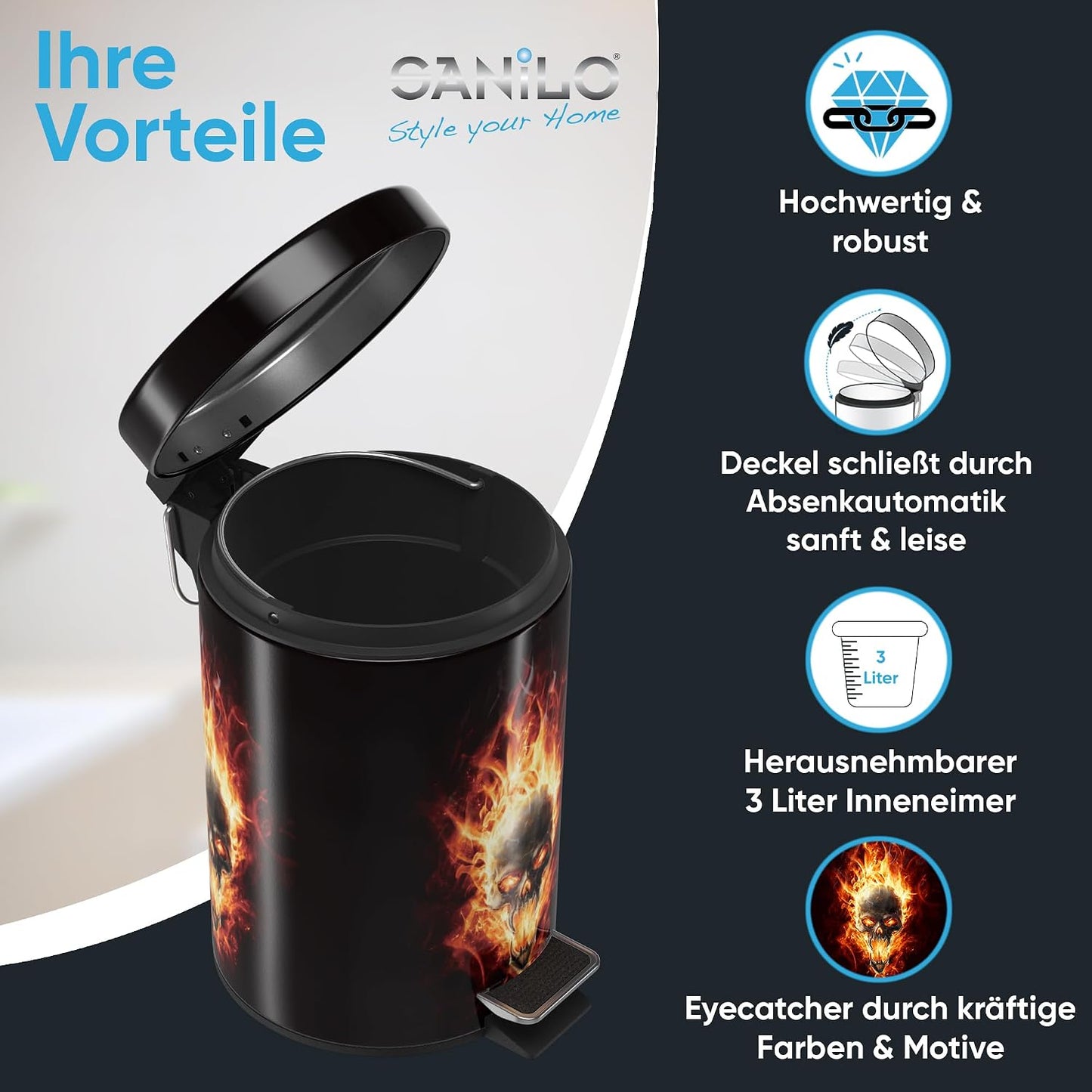 Kosmetikeimer Totenkopf in Flammen, Totenkopf in Flammen