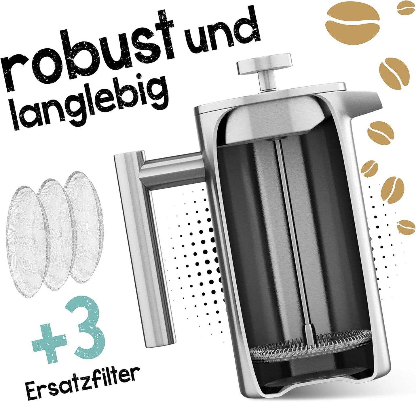 Isolierte French Press mit Ersatzfiltern, FrenchPress 600ml