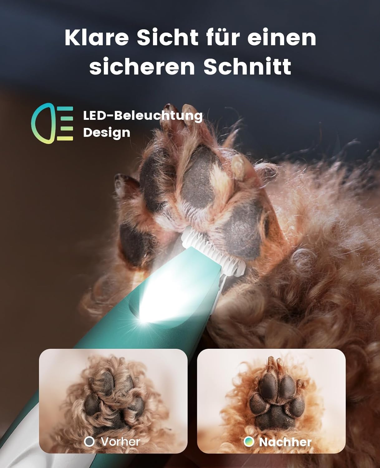 Kabelloser Pfotentrimmer YP-7015L mit LED-Licht, Grün
