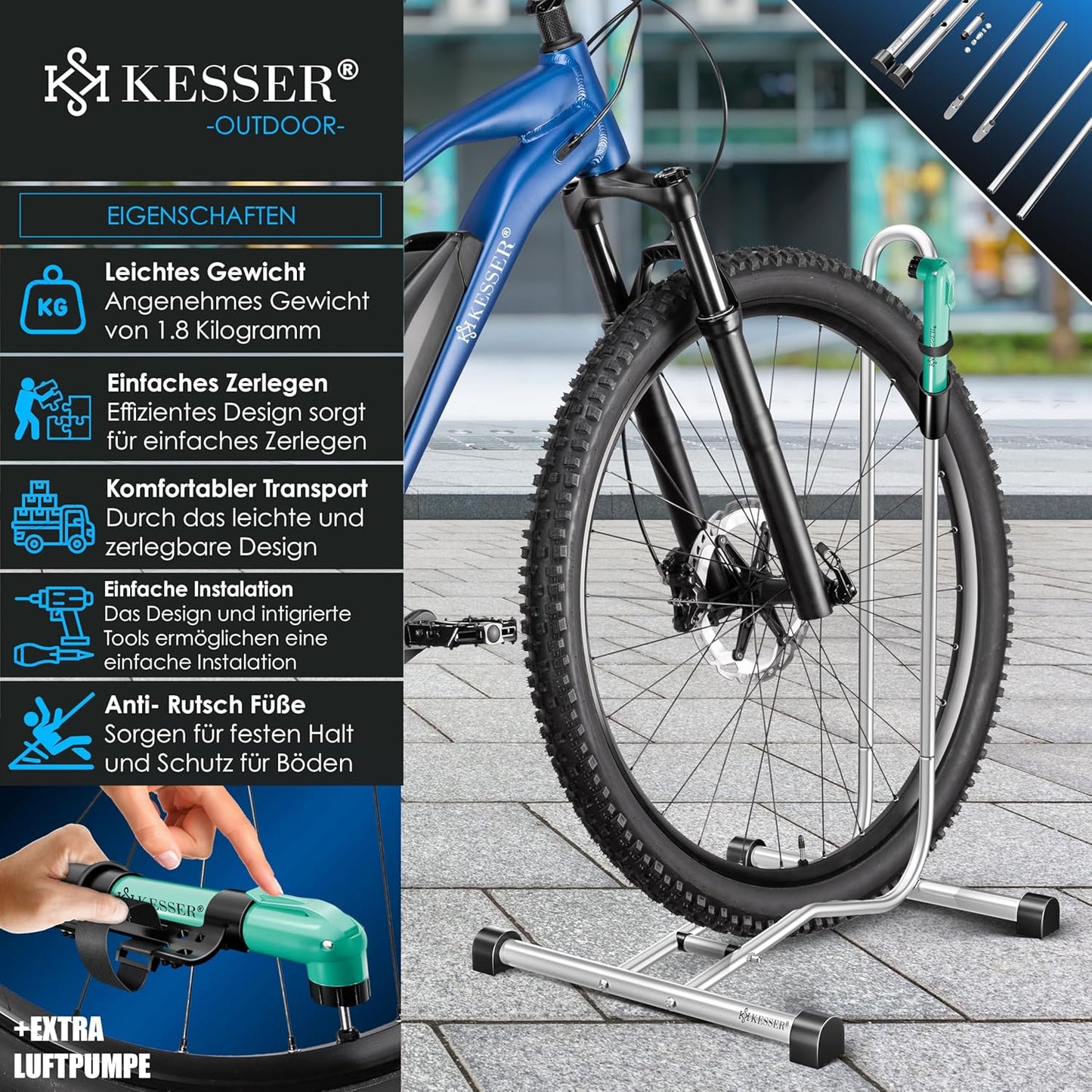 Fahrradständer inkl. Luftpumpe, Silber 1er Set