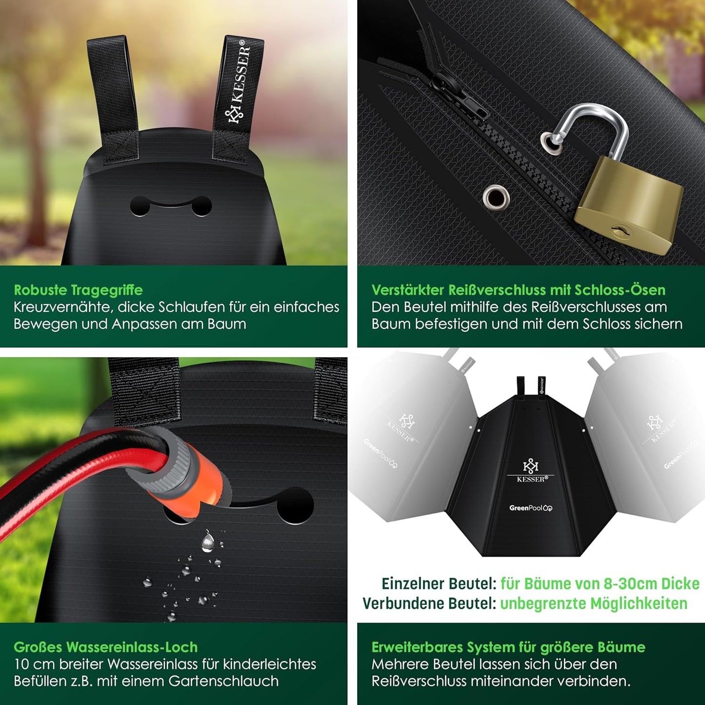 Baumbewässerungssack Set mit Diebstahlschutz, 100 Liter 4er Set Schwarz