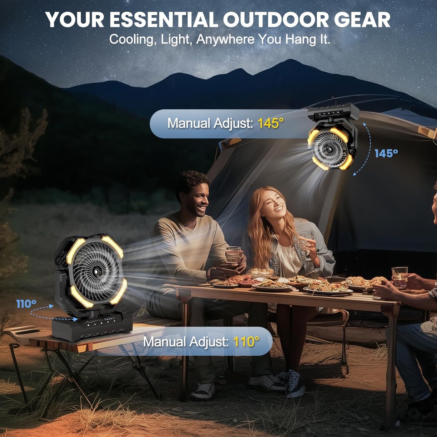 Akku Campingventilator mit Sprühfunktion und Fernbedienung, Schwarz