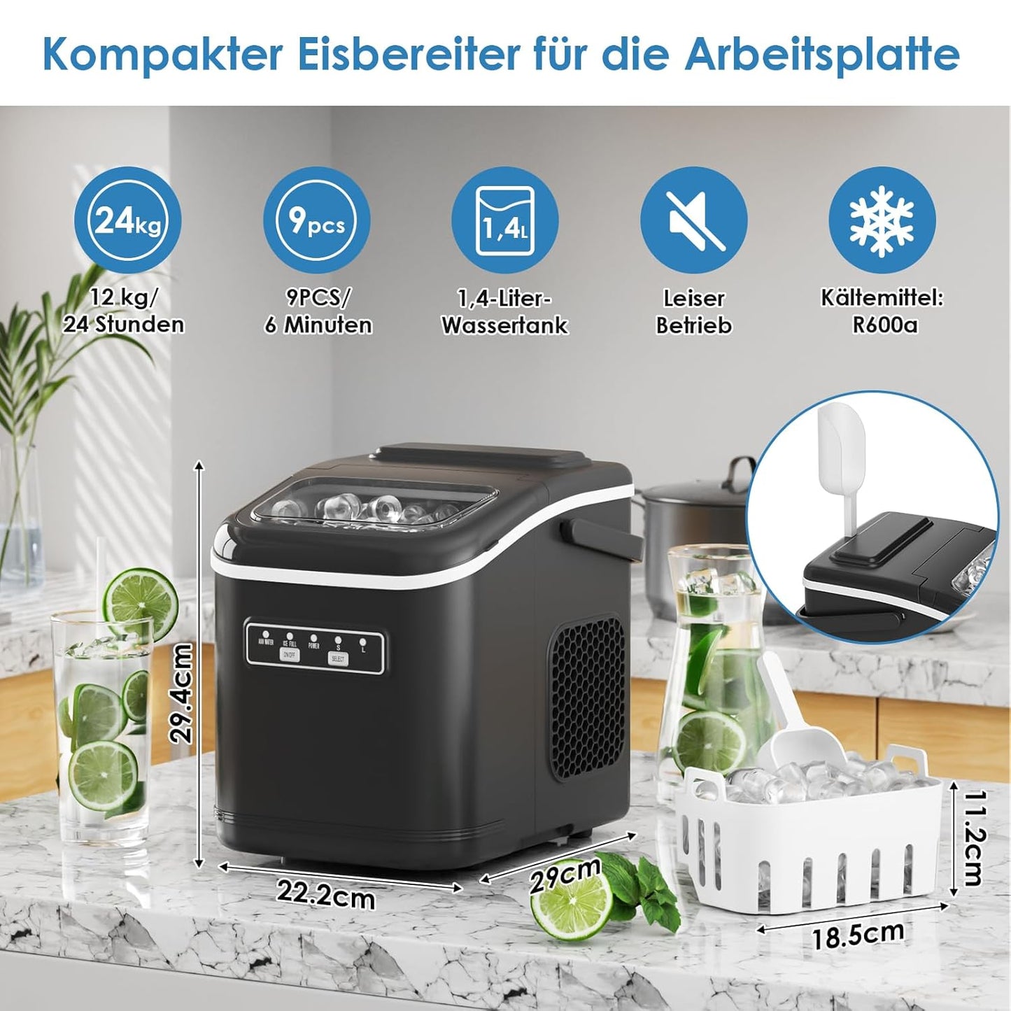 Eiswürfelmaschine mit Selbstreinigungsfunktion, Schwarz