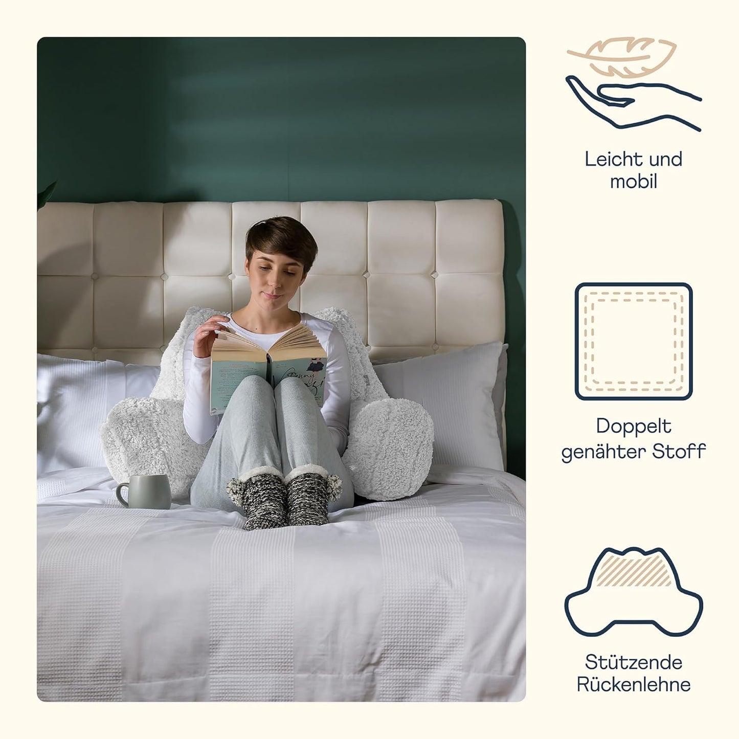 Lesekissen mit flauschiger Rückenlehne und Tragegriff, 1er Pack Crème