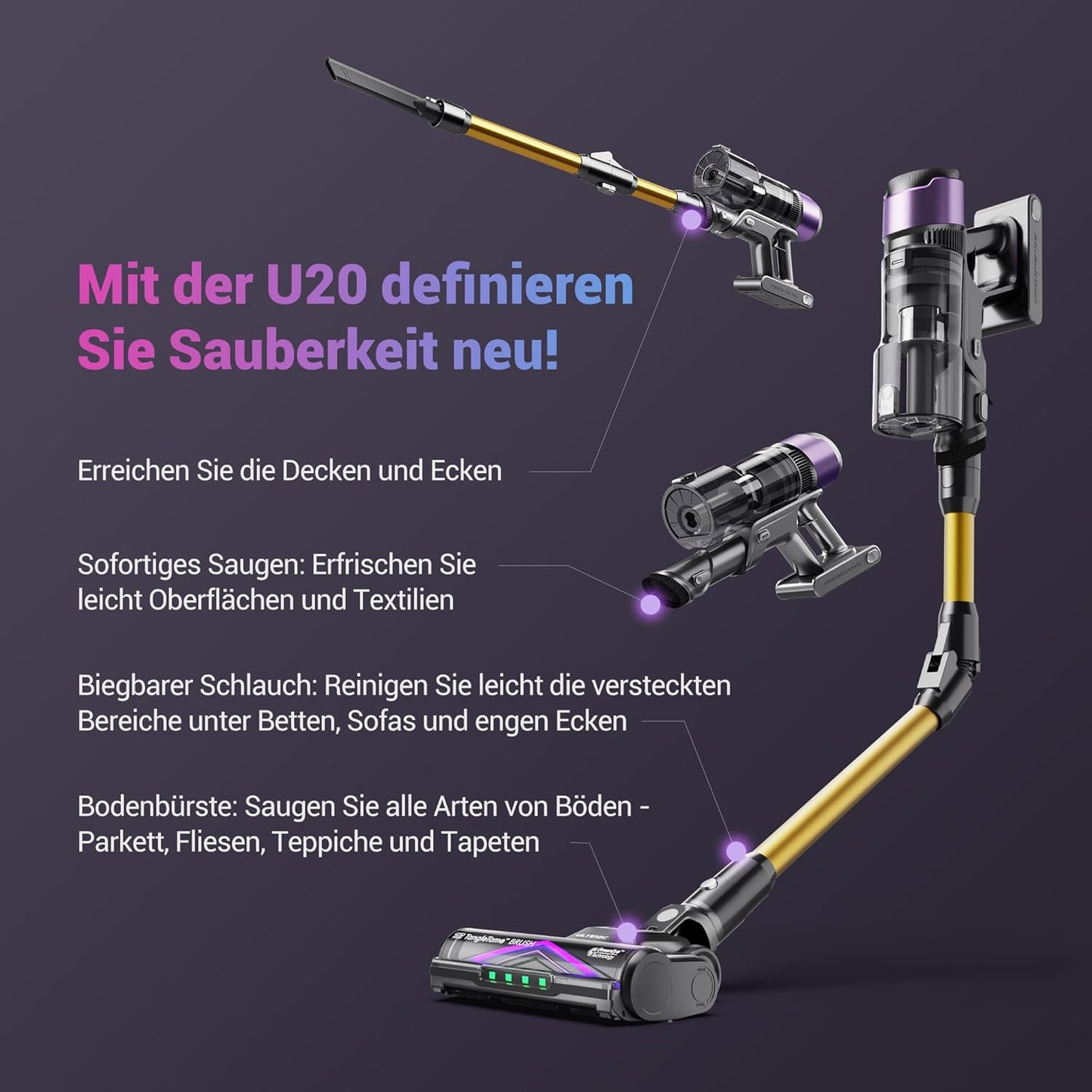 U20 Akku-Staubsauger mit Anti-Tangle Bürste