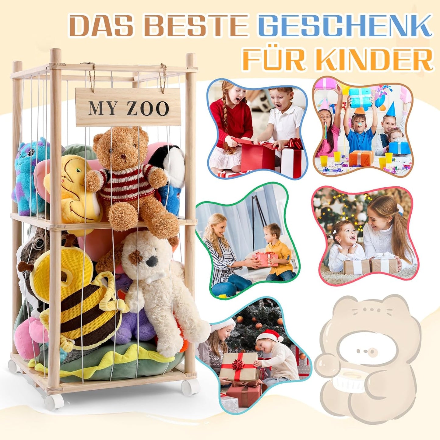 Kuscheltier-Aufbewahrung mit 360° Rollen & Bremse, klein Burlywood