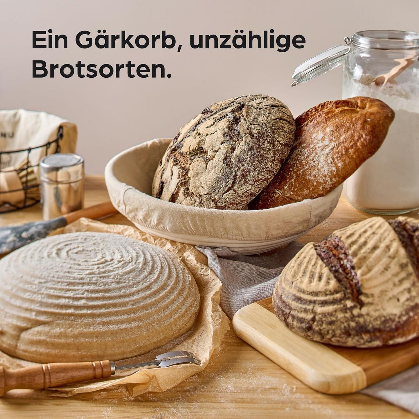 2er-Set Gärkorb zum Brotbacken inkl. Bürste, Leineneinlage & Brotbeutel, 2x 30cm