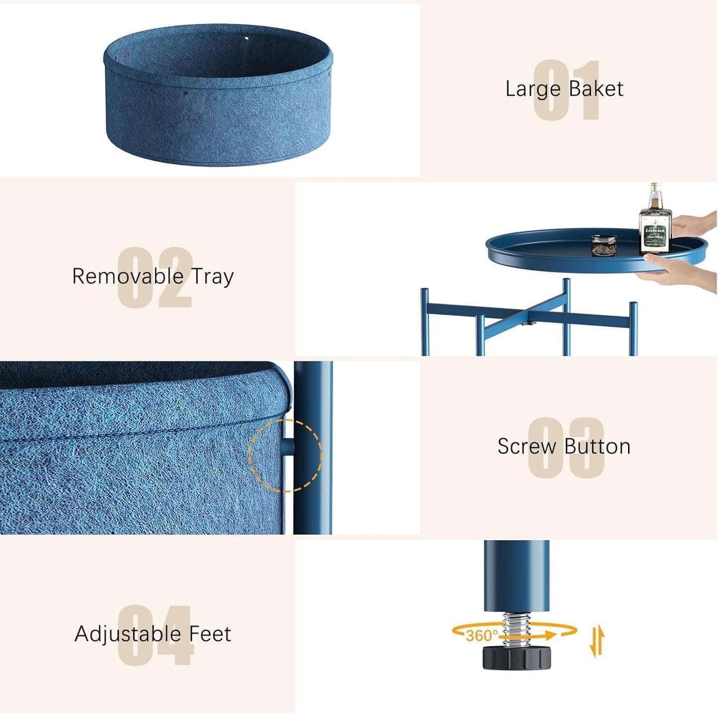 Runder Beistelltisch mit Stoffkorb, Blau