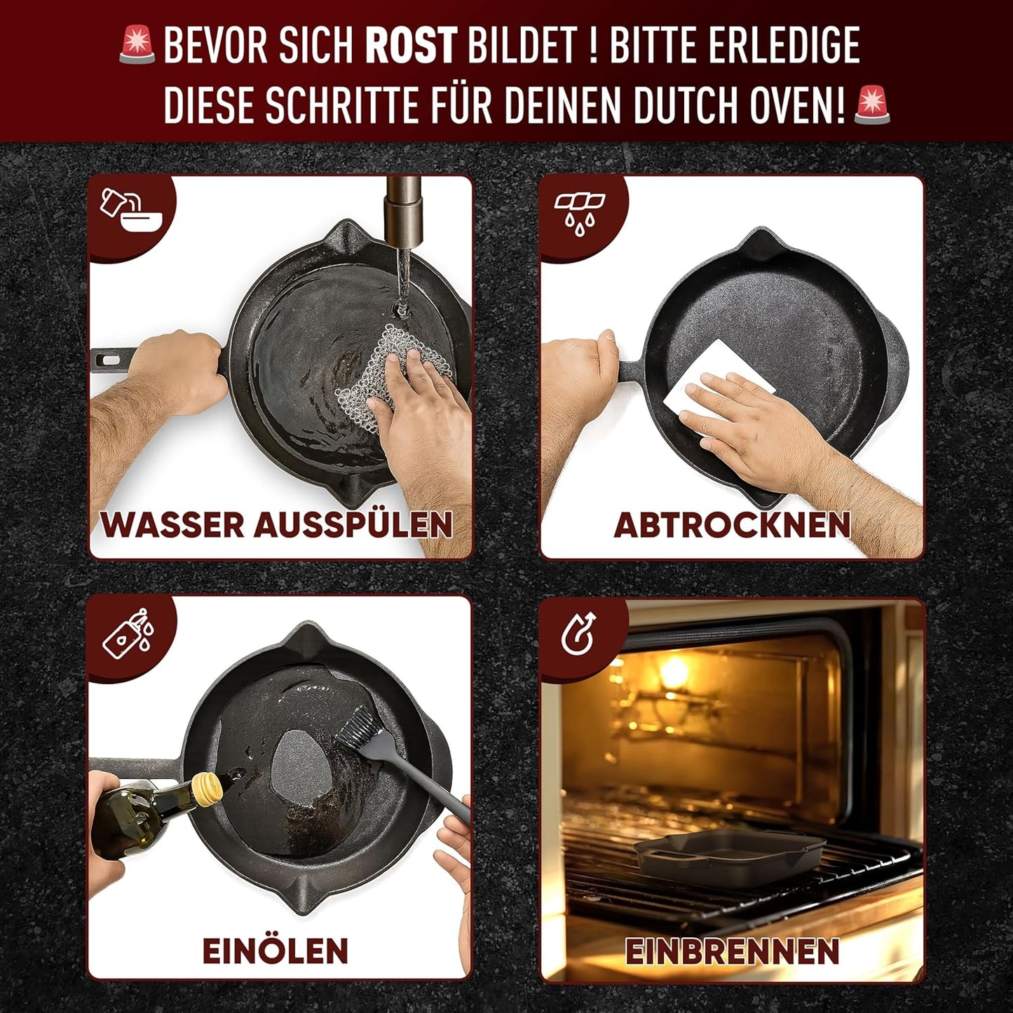 Gusseisenpfanne mit Ledergriffschutz, Bratpfanne 26cm