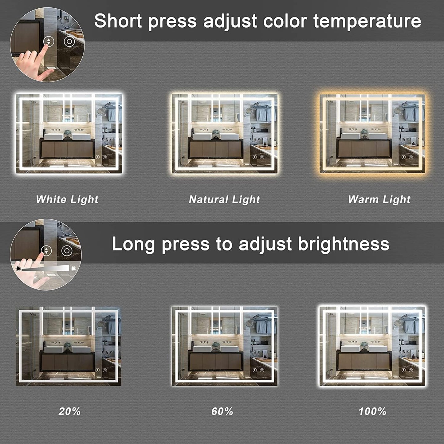 LED-Badspiegel mit Touch-Schalter (60x80 cm), Beschlagfrei + 3 Lichtfarbe + Dimmbar ; 60L x 80B cm