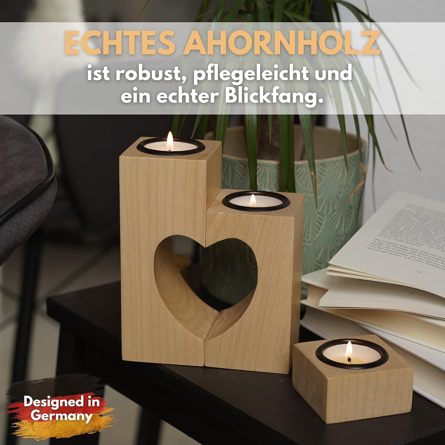 Herz Teelichthalter-Set aus Holz (3 Stück), Ahorn