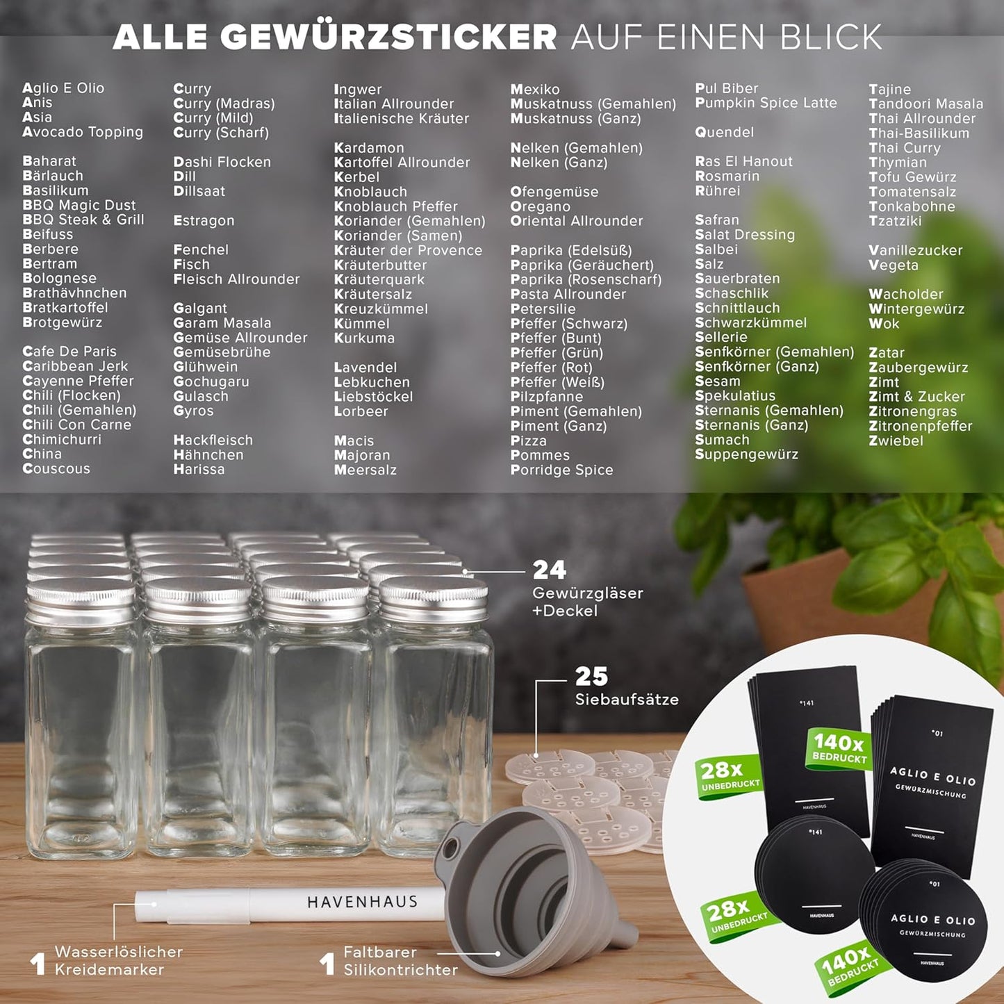 24er-Pack Gewürzgläser Set inkl. Zubehörset, 24 Gewürzgläser Aluminium