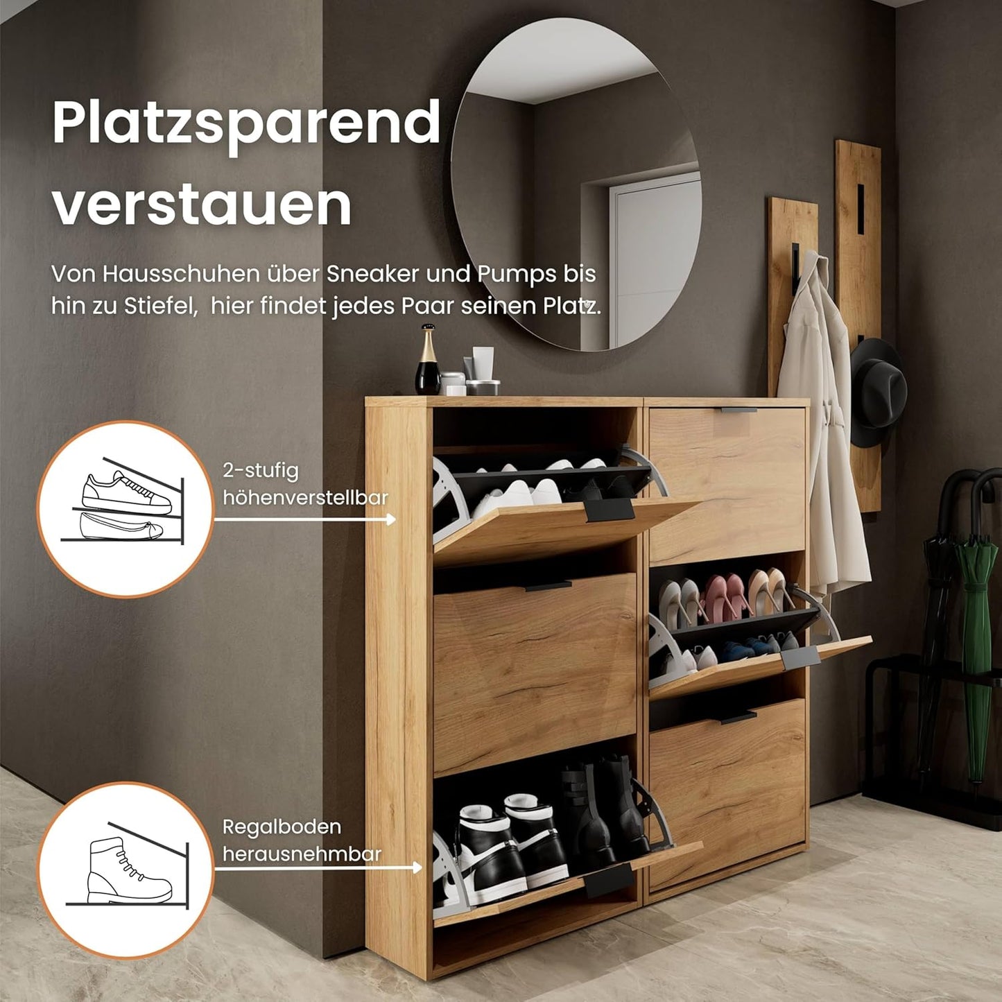Schuhschrank-Set mit 3 Klappen (2 Stück), 2x 3 Klappen Gold Eiche